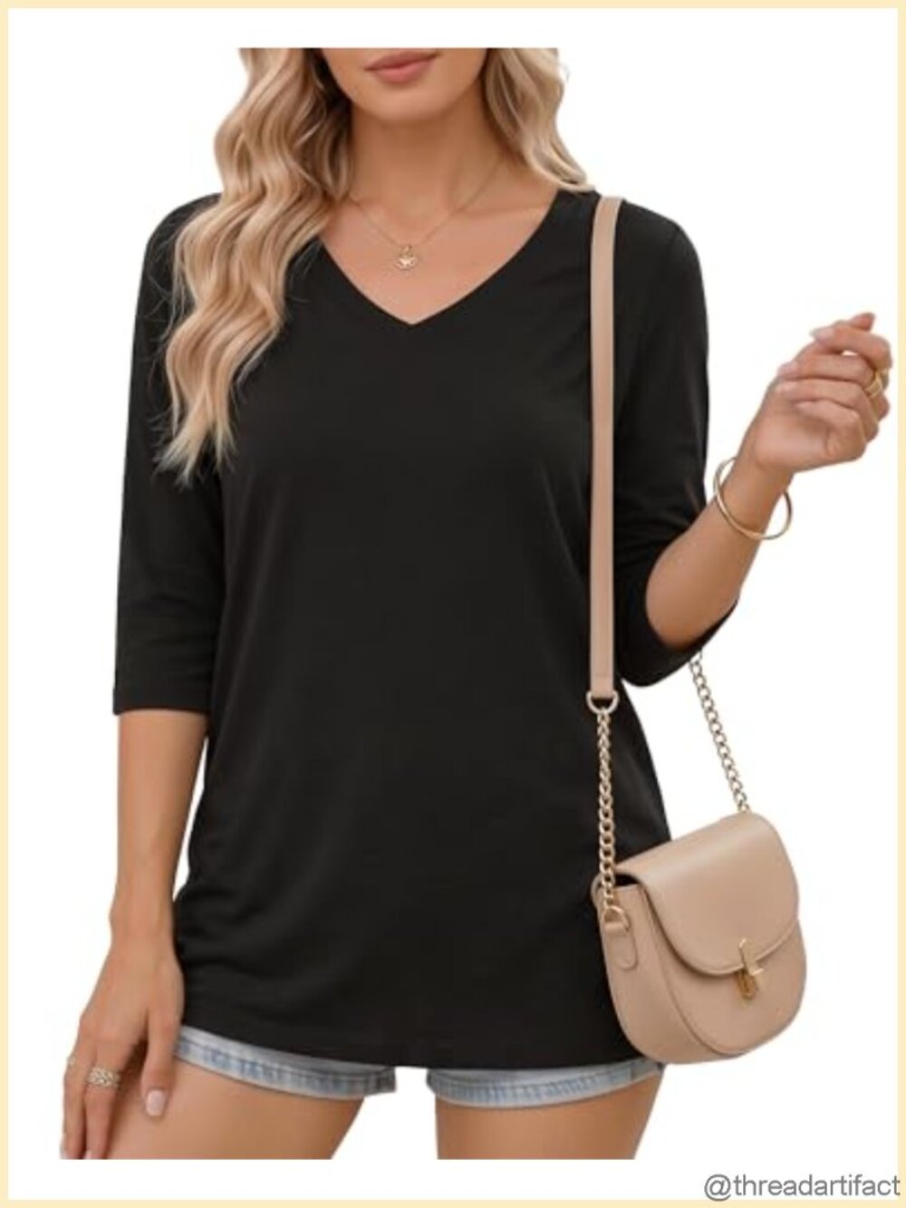 MANGOPOP Womens 3/4 Sleeve Tunic Top V Neck Ruched Waist Blouse Business